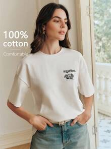 Elaire 女士优雅花卉爱心印花圆领白色休闲短袖T恤，夏季 - 白色 - 查看 7