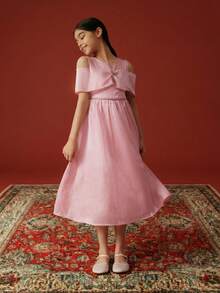 SUMWON Gaun Off Shoulder dengan Detail Pita, Lengan Berkerut, dan Panjang Midi, Cocok untuk Acara Spesial, Pesta Musim Semi dan Musim Panas, Kasual, dan Liburan. - Dusty Pink - View 1
