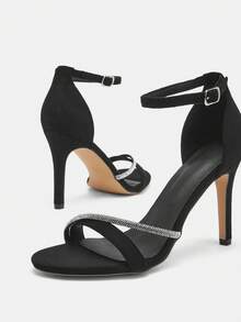 Glitzique Sandalias de vestir de fiesta con tacones altos y pedrería para mujer, tacones gruesos negros con cremallera al estilo romano - Negro - Ver 11