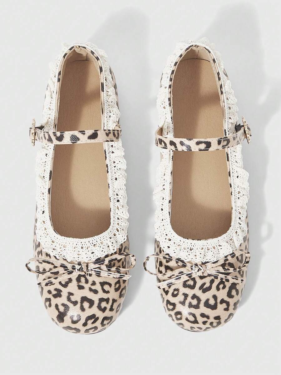 ROMWE Kawaii Women's Fashionable & Sweet Lace Trim Bow Decor Flats For Christmas - yellow leopard print - View 1