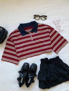 Comfortcana 休闲条纹 Polo 领短款运动学院风上衣，适合户外、运动、休闲和上学穿着。2026 春夏新款，时尚百搭，适合夏季海滩度假等场合，Y2K 2000 年代风格。 - 彩色 - 查看 4