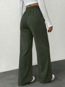 Pantalones de chándal acampanados de unicolor con cordón en la cintura para mujer - Verde militar - Ver 2