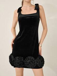 SHEIN LUNE 2025 Elegant Luxury Rhinestone Bow 3D Floral Decor Waist Fit & Flare Mini Party Dress, Suitable For Formal Events And Parties - Black - View 4