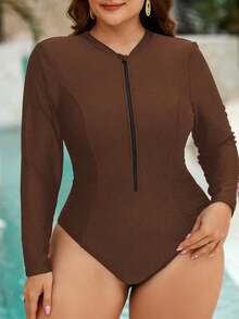 SHEIN 大码纯色连体冲浪服 - 棕色 - 查看 5