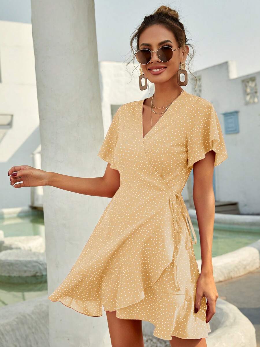 SHEIN Holidaya Polka Dot Knot Side Wrap A-Line Dress Burgundy Color Women Outfit - Light Yellow - View 1