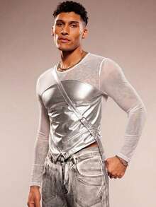 FeverCity Men's Sexy Mesh Patchwork Sheer Crew Neck Long Sleeve T-Shirt - Silver - View 5