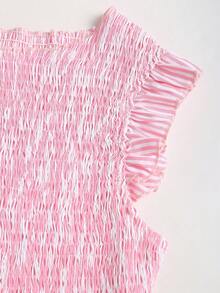 Sweetra Women's Pink Striped Summer Dress With Puff Sleeves, Frill Trim, A-Line Design, Cute & Romantic Beach Holiday Style - Pink - View 6