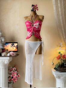 INAWLY 印花修身无袖荷叶边露脐上衣，时尚夏季度假风 - 粉色 - 查看 1