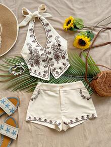 Soleia Bộ đồ hai mảnh không tay kiểu vintage buộc dây cổ cho nữ, thời trang mùa hè. - Nhiều màu - Xem 6