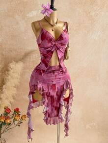 SHEIN WYWH Bộ đồ 2 món thời trang nữ viền bèo nhún và xoắn, thích hợp cho mùa hè. - Nhiều màu - Xem 7