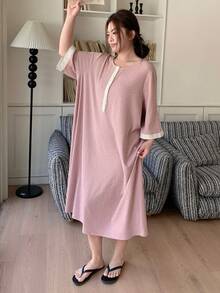 Dazy Plus Plus Size Simple Round Neck Nightgown Summer - Pink - View 4