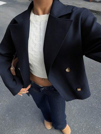 Flirla Apricot Lapel Collar, Double-Breasted Button, Pockets, Long Sleeve, Short Coat, Fashion, Commute, Office, Casual, Elegant, Retro, Academic, Daily, Date, Women, Autumn/Winter