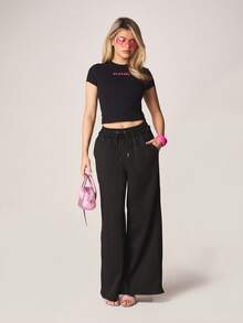 Missguided x Playboy Fitted Crop Short Sleeve Crew Neck Cotton Blend T Shirt With Pink Logo Print - Black - View 4