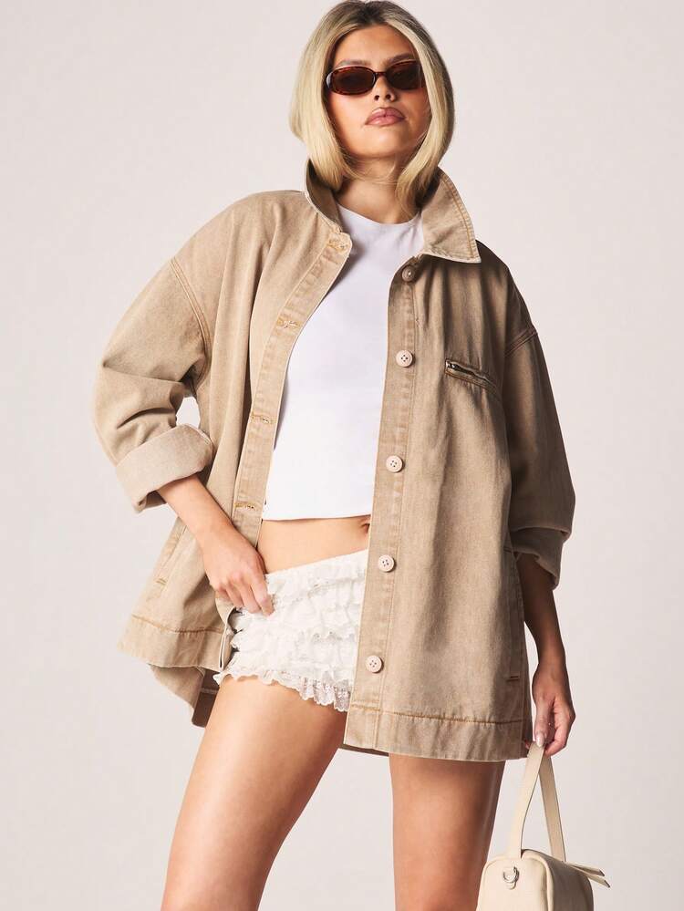 MISSGUIDED Oversized Denim Button Up Jacket With Contrast Collar Vintage Washed Fall Spring Casual Longline Outerwear Coat