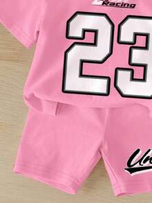 2件套女婴休闲简约数字23印花短袖T恤和短裤套装，宽松领T恤搭配修身短裤，适合春夏穿着 - 彩色 - 查看 6