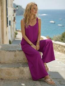 Faunlyn Women's Summer Wide Leg Jumpsuit With Pockets, Fashionable And Casual For Holidays Spring Clothes - Violet Purple - View 4