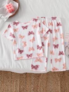 女婴睡衣套装 - 两件套蝴蝶印花睡衣套装，短袖圆领上衣搭配长裤，松紧腰带，轻薄柔软弹力，夏季睡衣家居服，节日礼物，2026必备，可爱粉桃色 - 米色 - 查看 2