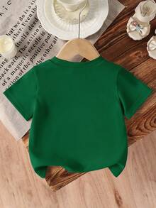 St. Patrick's Day Glitter Four-Leaf Clover Pattern Pullover T-Shirt, Green Short Sleeve Crew Neck Casual Spring/Summer Tops, Machine Washable - Green - View 4
