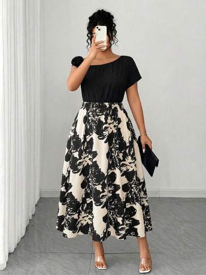 SHEIN Elenzya Plus Size Off-Shoulder Floral Decor Ink Print Patchwork Maxi Dress