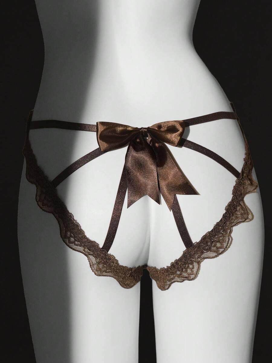 Seduluxe 性感酒红色蕾丝无裆内裤 - 棕色 - 查看 1