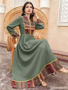 Al Najma Women's V-Neck Geometric Print Pleated Casual Party Dress, Arabic Traditional Style Embroidered Dresses For Women Women Dresses Green - Green - View 2