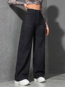 SHEIN EZwear 大码女式复古休闲直筒无弹力中蓝色牛仔裤 - 黑色 - 查看 5