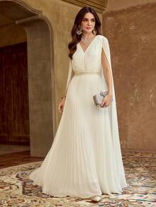 ZEYLAH 女士纯色V领褶裥披肩领优雅收腰派对连衣裙 - 白色 - 查看 6