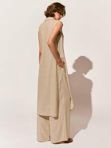 Poéselle 女士休闲条纹前开襟无袖衬衫和裤子两件套，夏季女装，夏季音乐节穿搭，女士休闲套装，中性条纹面料口袋宽松两件套，夏季时尚穿搭，夏季休闲穿搭，2026夏季穿搭，女士夏季穿搭 - 杏色 - 查看 3