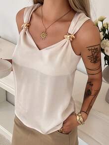 DAZY Women's Solid Color V-Neck Metal Button Elegant Vacation Summer Tank Top Cruise For Women Halter Top - Apricot - View 4
