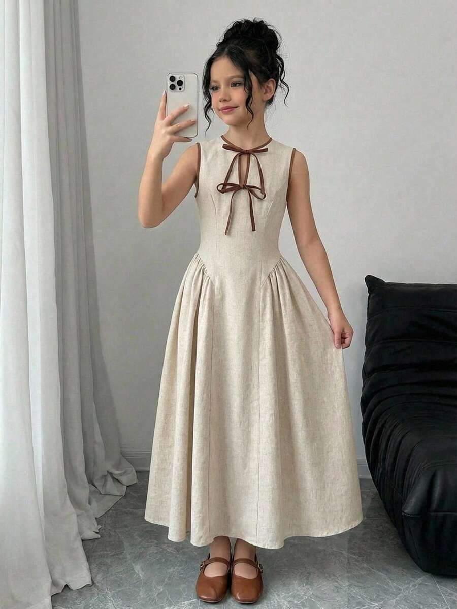 Firerie Kids 少女新款圆领镂空撞色系带腰侧荷叶边下摆无袖褶皱连衣裙，后背拉链，时尚、年轻、优雅、百搭，收腰设计，适合春、夏、秋、冬四季穿着。 - 杏色 - 查看 1