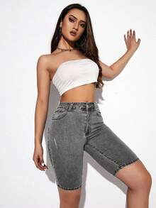 Flexra Quần short denim dáng ôm, màu trơn, túi xéo, kiểu dáng thường ngày, đa năng. - Xám - Xem 5