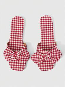 ROMWE Kawaii 2025 新款时尚女士平底凉鞋，简约方头休闲复古风格女士拖鞋 - 玫紅色 - 查看 1