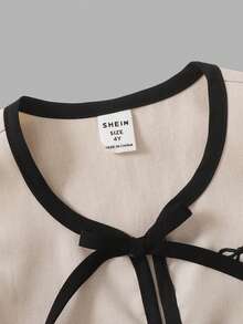 Set de 2 piezas de traje informal y elegante para niñas con chaleco de cuello redondo con lazo de contraste y pantalones cortos, para primavera/verano - Caqui - Ver 3