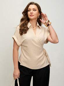 Comfylo Plus Size Simple Versatile Wrap Tie Casual Short Sleeve Shirt Carnival Party Luxury Valentine's Day, Summer Tops - Khaki - View 2