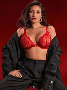 SHEIN Plus Size Wireless 3/4 Cup Lace Splicing Pushup Bra, Front Closure, Vintage Romantic Style, Red - Red - View 5