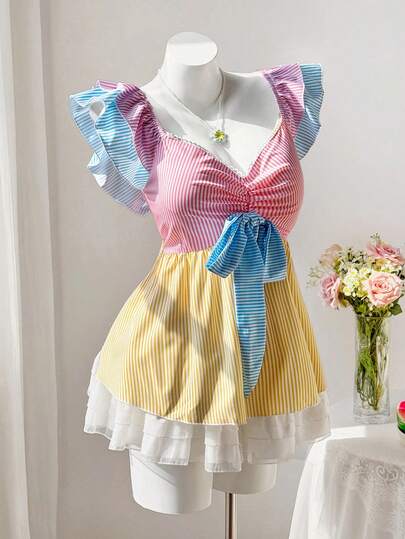 Sweetra Plus Size Women Casual/Work Colorful Striped & Cherry Blossom Print Mid-Sleeve Shirt