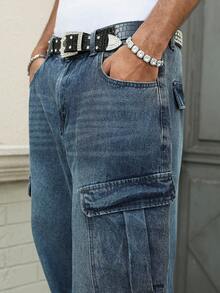 Manfinity EMRG Unisex Casual Loose Fit Multi-Pocket Cargo Style Denim Jeans - Blue - View 6