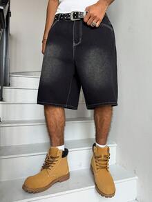 Manfinity Hypemode Unisex American Hip Hop Style Denim Shorts With Pockets - Black - View 2