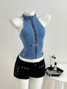 Elamini 女士时尚休闲百搭牛仔背心，修身性感 - 淺色水洗藍 - 查看 4