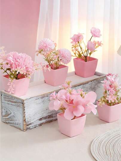 MINKOJA - SELECTS 3支/5支迷你粉色仿真盆栽花卉，玫瑰/桃花/兰花可选，塑料材质，不褪色，可重复使用，适用于婚礼、派对、情人节、家居、餐厅、办公室、桌面装饰。