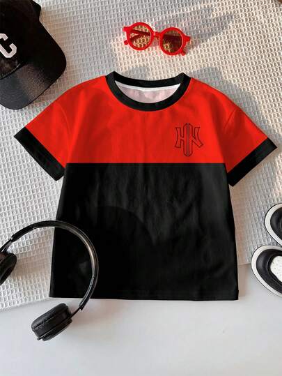 SHEIN Young Boy Classic Color Block Graphic Print Short Sleeve T-Shirt, Casual & Stylish For Summer