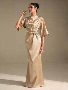 CLARA VERO Women's Satin Rhinestone Decor Asymmetrical Ruffle Hem Dress - Champagne - View 7
