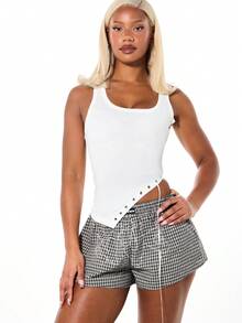 SUMWON WOMEN Checkered Pattern Relaxed Boxer Shorts With Drawstring Waist Summer Lounge Comfort Bottoms - Black - View 4