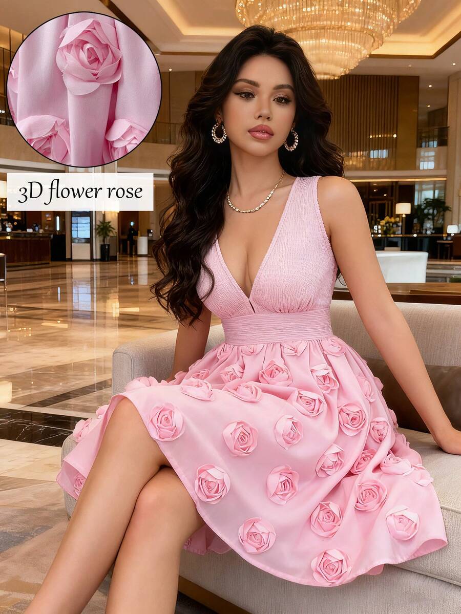 Elenzga 女士优雅精致浪漫纹理弹力面料拼接3D玫瑰花短裙，适合约会、假日、度假、春夏穿着 - 粉色 - 查看 1