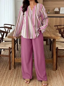 Breezaya Set de 2 piezas Traje de mujer talla grande con cuello con muesca, mangas con botones y estampado floral de color contrastante, estampado aleatorio - Multicolor - Ver 6