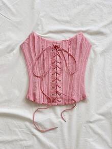 Corsé moldeador de unicolor con diseño de espina de pescado y atar, de moda, para el verano - Rosa vieja - Ver 3