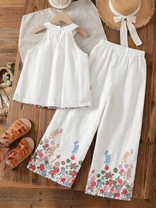 Vintaside Kids 2pcs/Set Girls Hollow Out Camisole Top And Floral Embroidered Long Pants Set - Multicolor - View 2