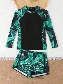 SHEIN 少女热带植物印花长袖拉链连体泳衣两件套，时尚、优雅、休闲，适合游泳、海滩和度假。长袖泳衣，少女长袖短裤泳衣套装，少女防晒泳衣套装，长袖短裤拉链泳衣套装，防晒泳衣，少女长袖防晒泳衣，少女长袖短裤泳衣套装，长袖短裤拉链泳衣套装，防晒短裤套装 - 黑色 - 查看 3