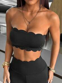 SHEIN EZwear 黑色针织贝壳边饰短款抹胸上衣 - 黑色 - 查看 5