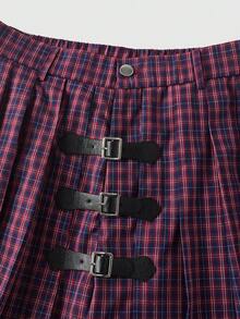 ROMWE MEN Street Life Men's Plaid Fashion Design Pleated Multi-Layer Plaid Shorts, Summer - Purple - View 4